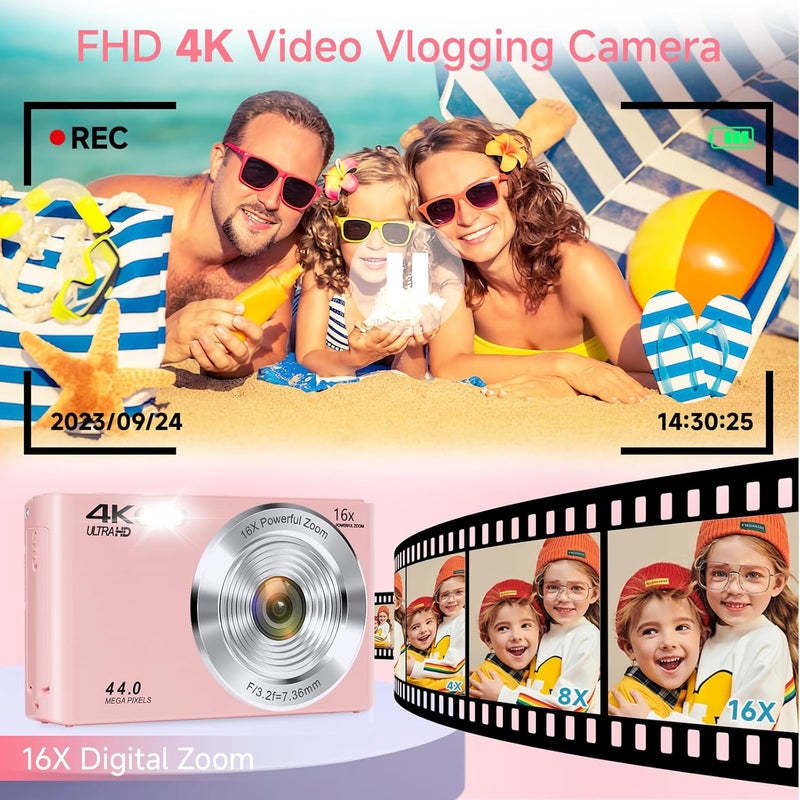 SMARTKLIK Store كاميرا رقمية، FHD 4K 44MP كاميرا رقمية بؤرة تلقائية وردية مع بطاقة SD سعة 64GB 16X زوم، كاميرات للتصوير كاميرا صغيرة مدمجة وسهلة الاستخدام للأولاد والبنات والأطفال كاميرا رقمية للسفر - Image 3